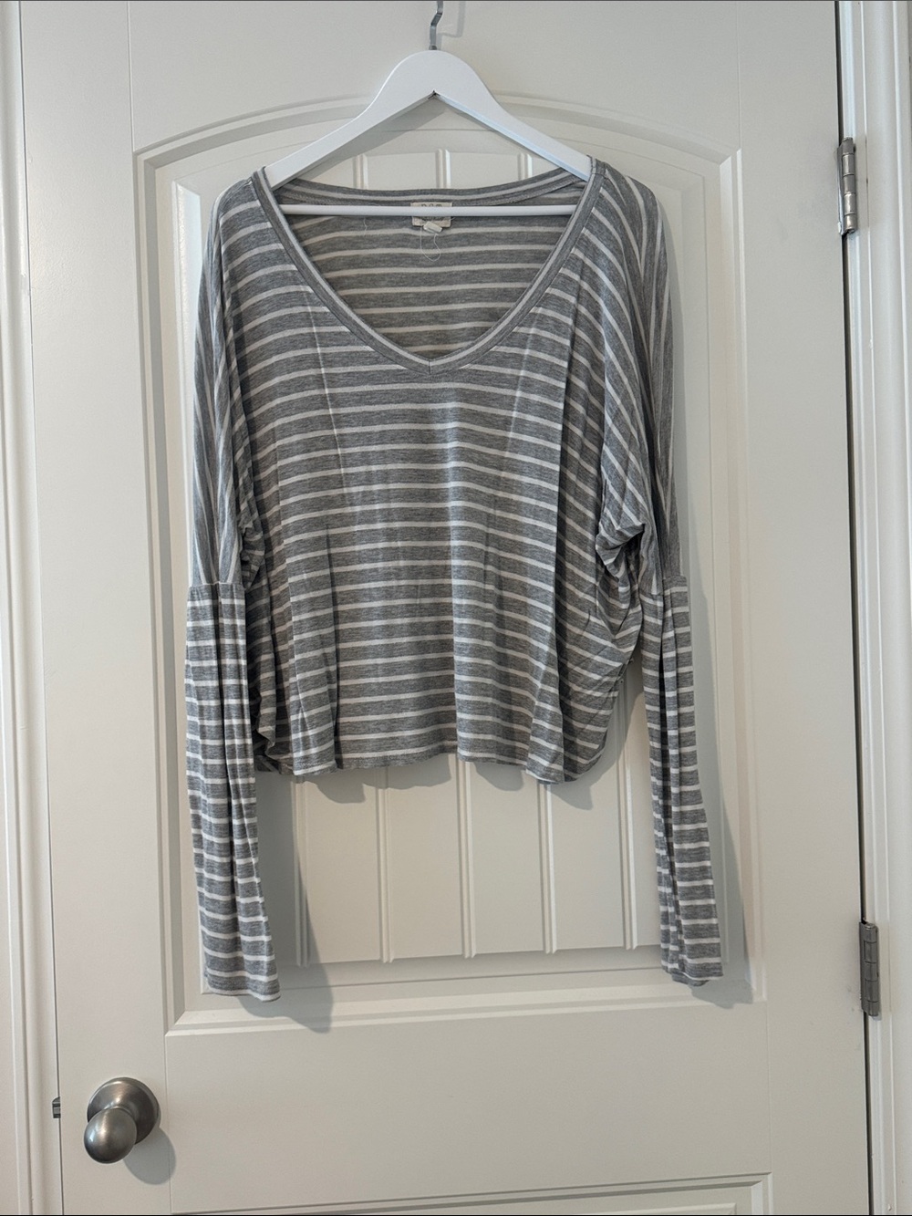 Striped Gray V-Neck Long Sleeve Top